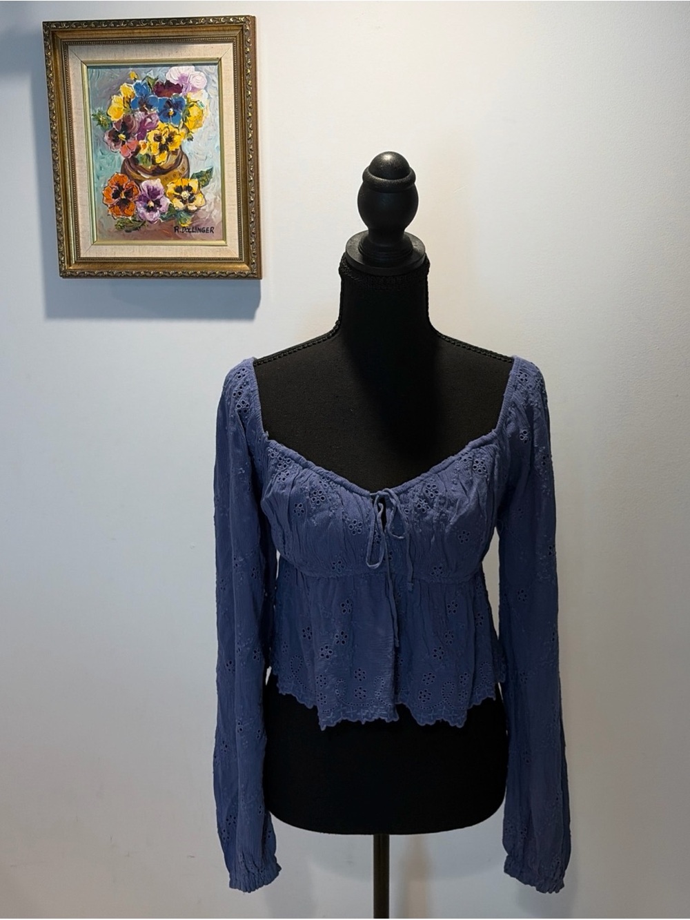 Blue Eyelet CropTop Boho Cottagecore fairy Milkmaid Coquette Romantic Tie Front